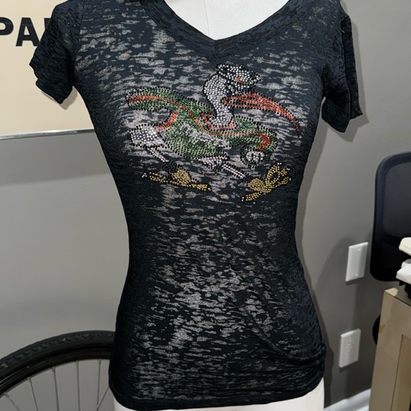 Black shirt University of Miami vneck w/sparkles- sheer - Picture 2 of 5